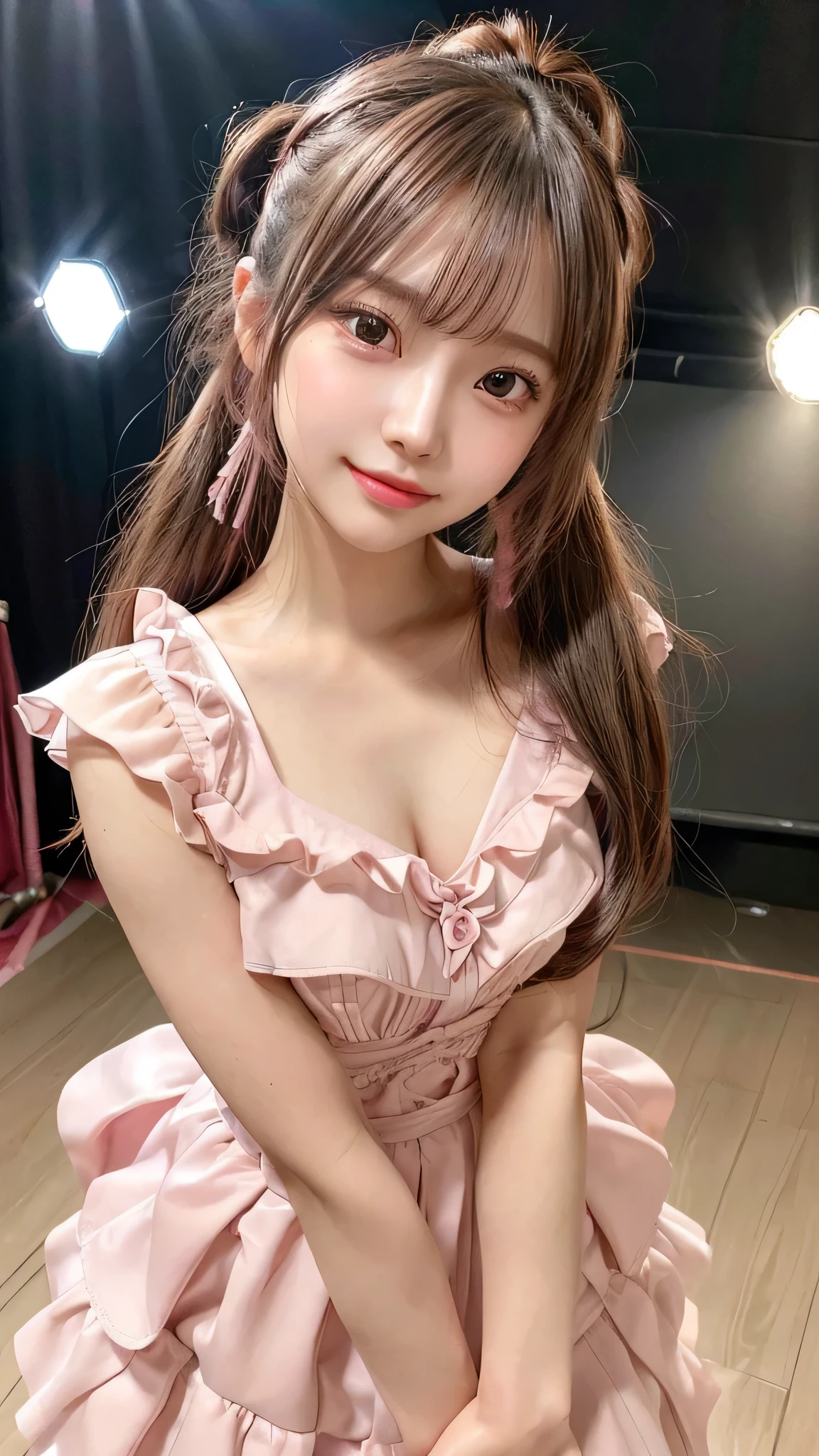 close up of face,blush,small breasts,14 years old,long hair ponytail,on stage,in the spotlight,((8K, Raw photo, best quality, muste piece:1.2), (Reality, photorealistic:1.4), (Highly detailed 8K wallpaper), Depth of the bounds written, cinematic lighting, soft light, detailed beauty eye,Shiny and smooth light brown ponytail, asymmetrical bangs, shiny skin, super detailed skin ,high resolution, high detail, detailed hairstyle, detailed beauty face, hyper real, perfect limbs, perfect ??????? ,1 Japanese girl,famous japanese idol, perfect female body,shy smile,short eyelashes,double-edged eyelids,look straight here,Hair style is ponytail、Pink colored long dress with lots of ruffles, softly shaped skirt, standing on stage,pink ribbon on head,She is wearing a skirt with lots of frills