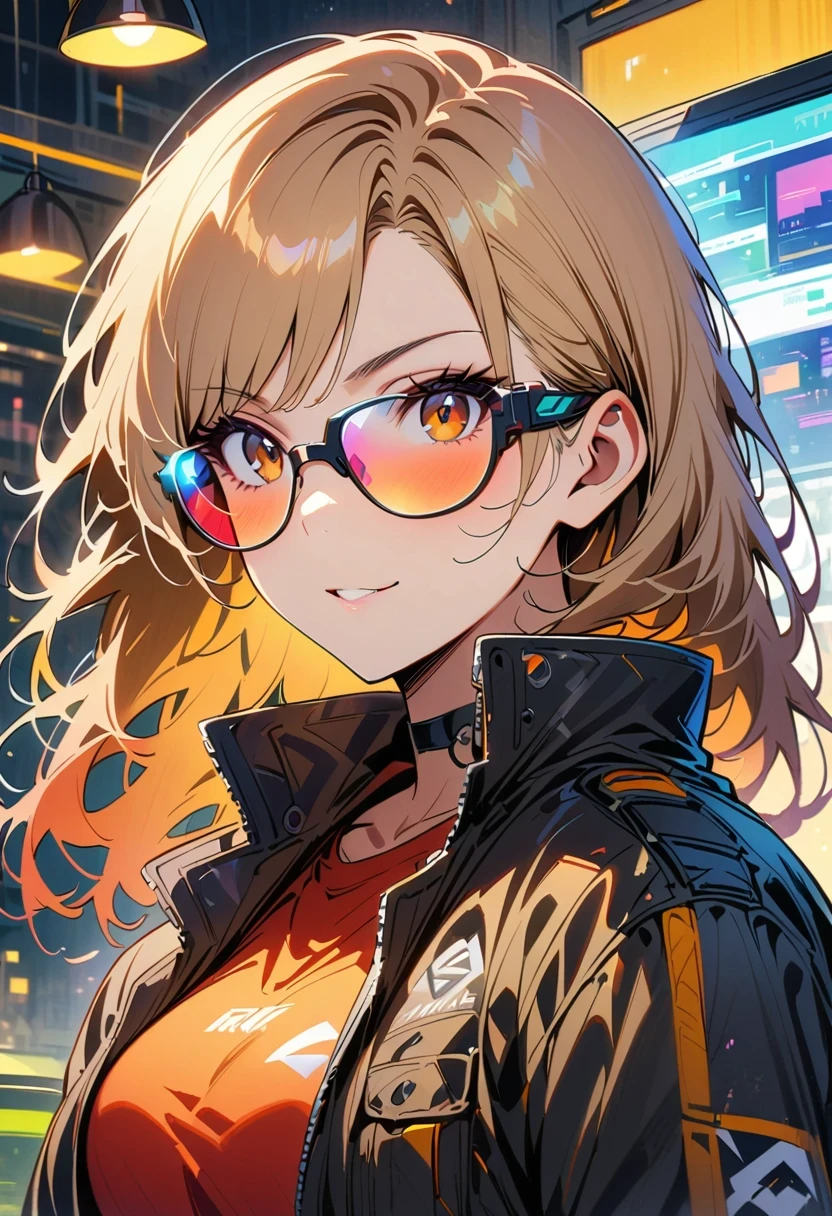 (Cyberpunk Military Strategist:1) (1 lady) dark theme :: Focus on close-up of face, curious face, Katee Sackhoff's face, Surreal future cyberpunk tall athletic woman, :: medium brown hair, futuristic glasses nerd :: Inside the cyberpunk office :: brown eyes :: natural lighting :: Bokeh :: 8K :: best quality :: masterpiece :: extremely detailed:1.5