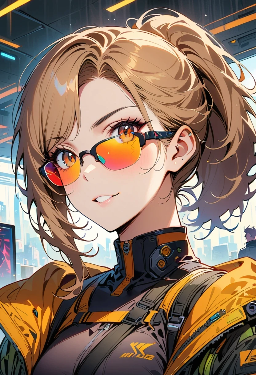 (Cyberpunk Military Strategist:1) (1 lady) dark theme :: Focus on close-up of face, curious face, Katee Sackhoff's face, Surreal future cyberpunk tall athletic woman, :: medium brown hair, futuristic glasses nerd :: Inside the cyberpunk office :: brown eyes :: natural lighting :: Bokeh :: 8K :: best quality :: masterpiece :: extremely detailed:1.5