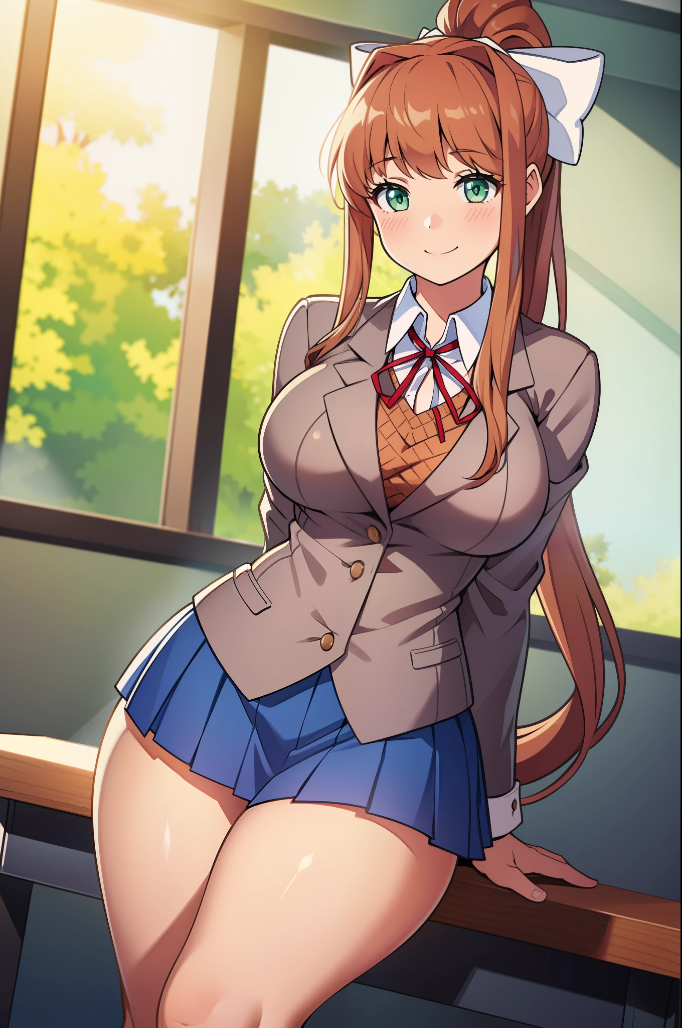 Masterpiece, high quality, best quality, beautiful, HD, perfect lighting, detailed face, detailed body, ultra cute face, cowboy shot 1.5, ((1girl)), ((solo)), cute pose, (Monika),

 brown hair, green eyes, very long hair, ponytail, (white bow), blazer, brown sweater, collared shirt, neck ribbon, blue skirt, school classroom, looking at viewer, (blush),

sweet smile, affectionate, medium breasts, perky breasts, wide hips, (thick thighs), arms behind back,