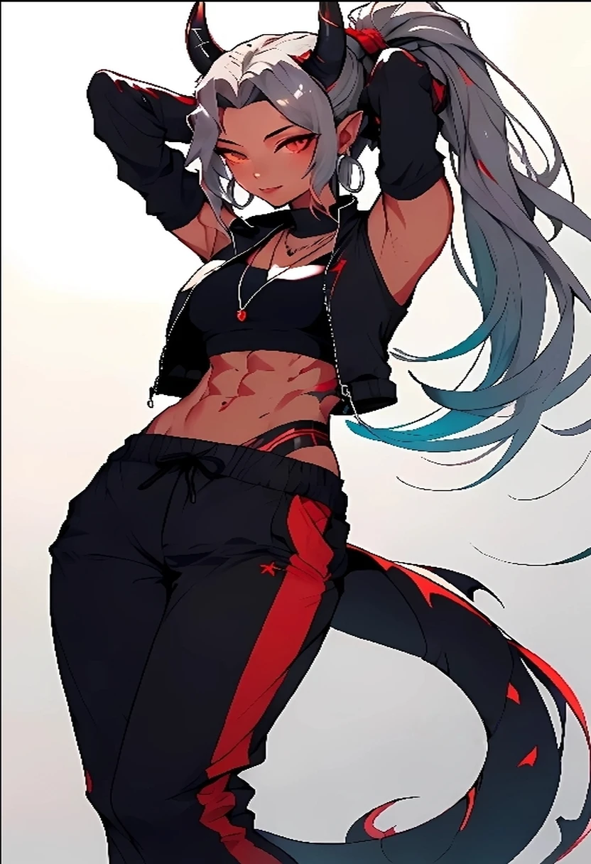 Anime girl with horns and a black top and red pants, Anime character; full body art, anime style character, female action Anime girl, anime woman full length art, Anime character, Black Anime Manga Girl, 2 p, OK commission, 2p, 2D anime style, cool pose, (Anime girl), Anime style, Акали из League of Legends