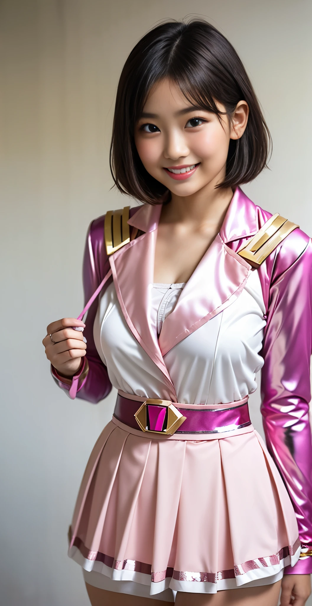 （8K、Raw photography、highest quality、masterpiece：1.2),(black haired、very short hair:1.8),(twin mitsu braid:1.4)、show viewer,Looking at the front,erotic,白いskin,(Wearing a shiny pink ranger costume:1.9)、(No background)、(Clothing that emphasizes the shape of your chest、publish one&#39;skin:1.4)、(big breasts :1.4)、slim body shape、ultra high resolution,beautiful,beautiful fece,(alone、no background:1.9),whole bodyボディー,japanese woman,（Photoreal：1.37）、photon mapping,reality、(Baby-faced and cute: 1.5)、(cute smile: 1.7)、(With a round face: 1.7)、radio city、Physically based rendering、depth of field rally background、photograph, (I can see your knees、short skirt、I can see white panties、close up of thighs:1.8),（show polka dot panties:1.4）,whole body、super fine