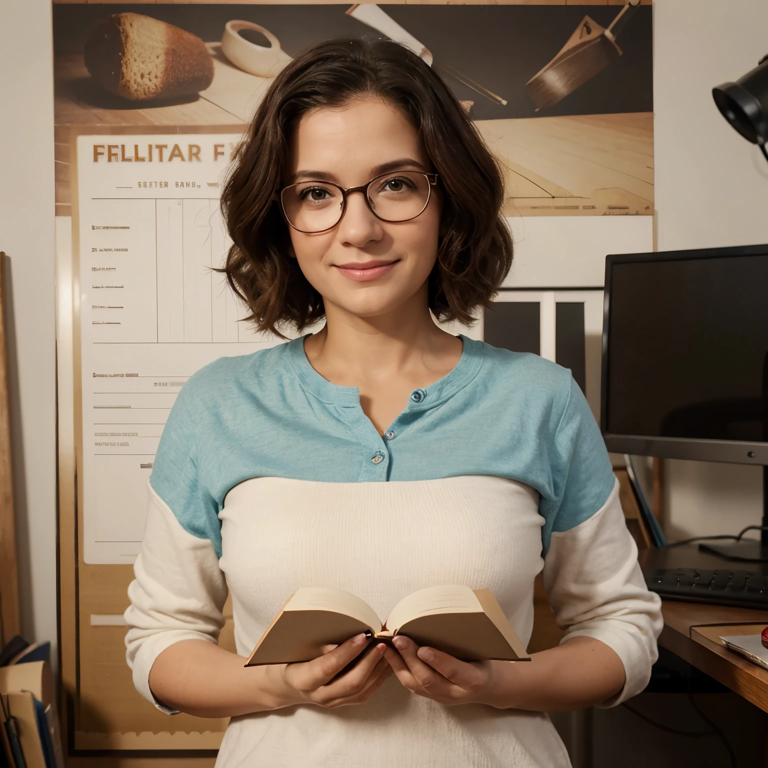 Poster 3D inspirado na Pixar/Disney capturando uma cena com uma mulher branca de 39 anos plus, cabelo curto vermelho liso, wearing glasses, in the middle of your studio with a diary in your hands, mostrando sua felicidade em criar para seus clientes. 