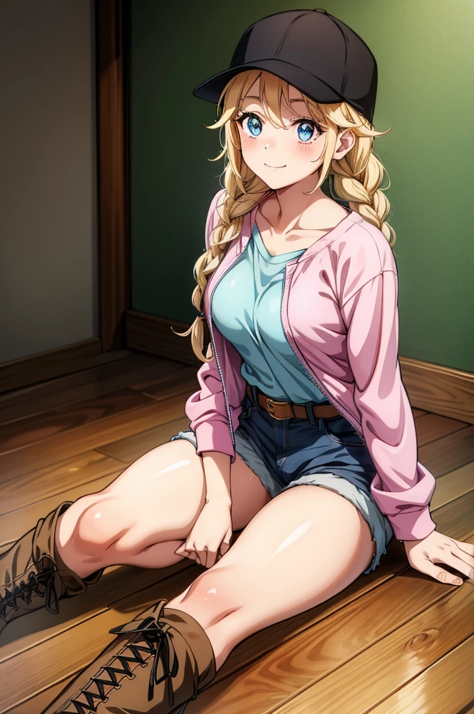 a drawing of a woman in pink clothes wearing a baseball cap is sitting on the wood floor, 1girl, braid, long hair, solo, hat, blonde hair, shorts, blue eyes, sitting, smile, boots, twin braids, shirt, wooden floor, looking at viewer, black headwear, baseball cap, jacket, breasts, blush, pink jacket, belt, collarbone, denim shorts, cross-laced footwear, long sleeves, short shorts
