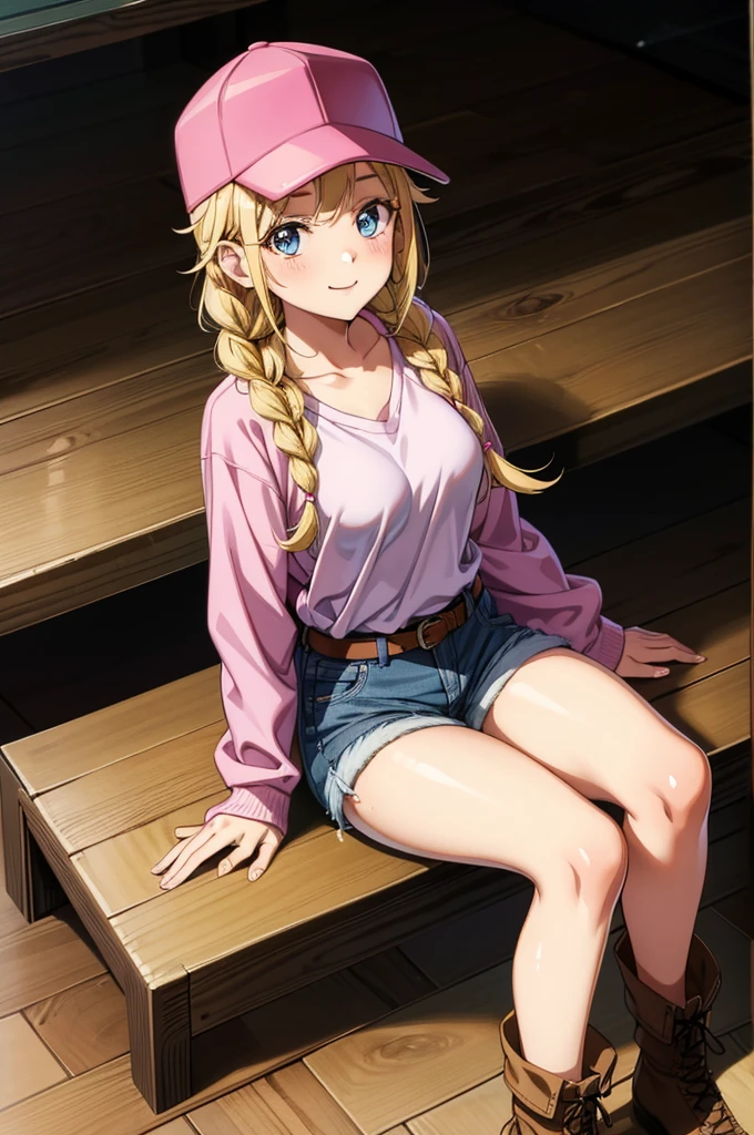 a drawing of a woman in pink clothes wearing a baseball cap is sitting on the wood floor, 1girl, braid, long hair, solo, hat, blonde hair, shorts, blue eyes, sitting, smile, boots, twin braids, shirt, wooden floor, looking at viewer, black headwear, baseball cap, jacket, breasts, blush, pink jacket, belt, collarbone, denim shorts, cross-laced footwear, long sleeves, short shorts