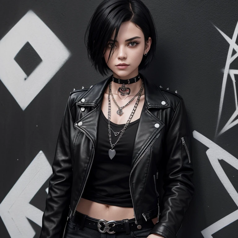 20-year-old girl with short black hair, black biker jacket, red top, ripped black jeans, black eyes, heart tattoo on her arm, spiked choker, scarf tied on her arm, black chain belt, looking straight at the viewer on a background of graffiti wall