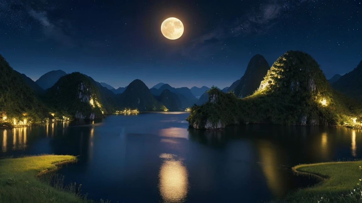 night view with some asian people's house, Vietnam, Vietnam, Ha Giang, moon, lake in foreground, calm night, green and blue, digital illustration, 4k highly detailed digital art, night view, Anime Art Wallpaper 4k, Anime Art Wallpaper 4k, 4k detailed digital art, nature landscape at night, Anime Art Wallpaper 8k, background artwork, Beautiful Art Ultra HD 4K, 4k high definition illustration wallpaper