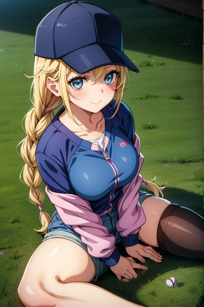 a cartoon girl with one leg slightly bent over is sitting on the floor, 1girl, braid, solo, blue eyes, long hair, hat, blonde hair, breasts, twin braids, jacket, sitting, looking at viewer, shorts, baseball cap, collarbone, smile, blush, large breasts, shirt