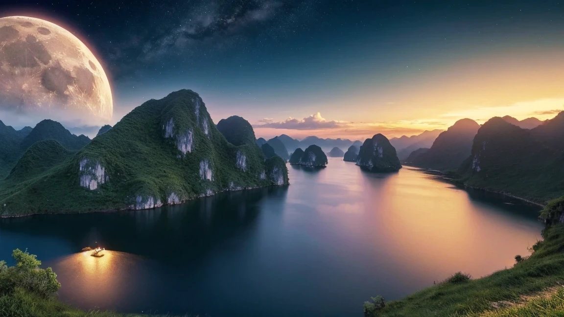 night view with some asian people's house, Vietnam, Vietnam, Ha Giang, moon, lake in foreground, calm night, green and blue, digital illustration, 4k highly detailed digital art, night view, Anime Art Wallpaper 4k, Anime Art Wallpaper 4k, 4k detailed digital art, nature landscape at night, Anime Art Wallpaper 8k, background artwork, Beautiful Art Ultra HD 4K, 4k high definition illustration wallpaper