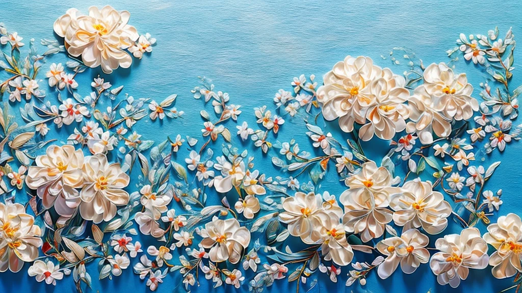 Best Style- "Best Quality, Masterpiece, Ultra High Resolution, Photo Realistic, Surrealism, Dreamy, Stephanonotis Blossom, Oil Painting Art, Oil Painting Embossing, Chinese Flower, Paper Creation, 3D Stereoscopic Rendering, Color Gradient from White to Light Blue, 4K Resolution, Simple Natural Composition, White Background, Fresh and Elegant Style." Nature. "