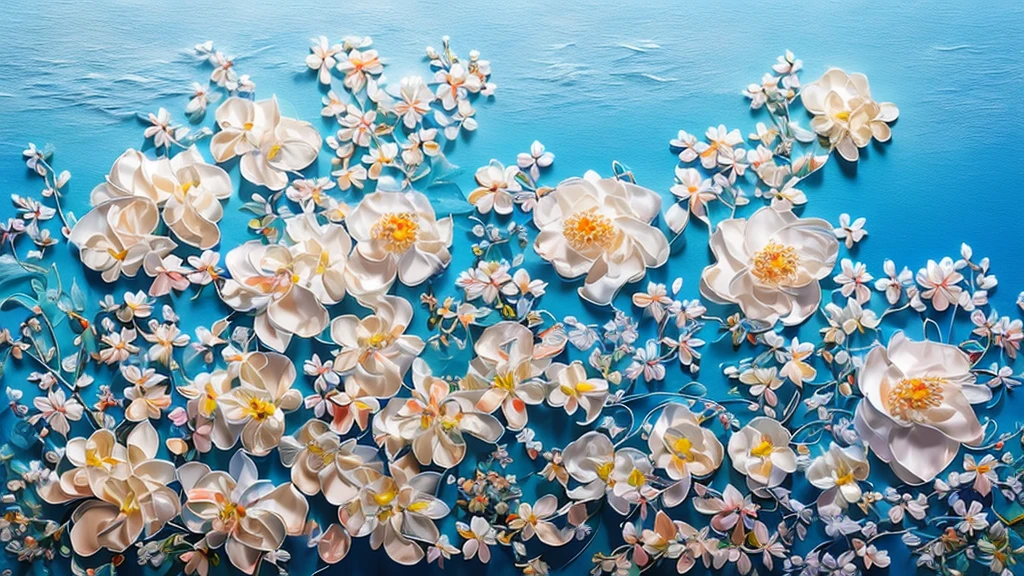 Best Style- "Best Quality, Masterpiece, Ultra High Resolution, Photo Realistic, Surrealism, Dreamy, Stephanonotis Blossom, Oil Painting Art, Oil Painting Embossing, Chinese Flower, Paper Creation, 3D Stereoscopic Rendering, Color Gradient from White to Light Blue, 4K Resolution, Simple Natural Composition, White Background, Fresh and Elegant Style." Nature. "