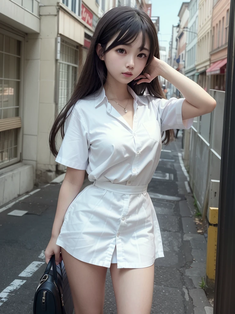OL Uniform Arafe Woman Posing for Photo, Slim Girl Model Photo, Physical: Tinyest Midliff Ever, Female Model, Japan Female Fashion Model, Sakura Miyawaki, LE SSERAFIM, (8k, RAW Photo, Best Quality, Masterpiece: 1.2), (Realistic, Photorealistic: 1.37), Ultra Detailed, Ultra High Resolution, Summer, Office District, Standing Figure, Full Body,