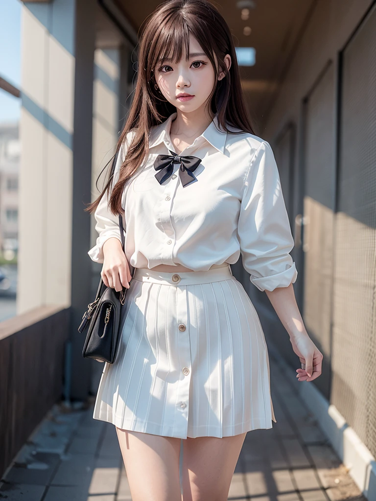 There is a girl wearing a white shirt to go to office, Kawaii realistic portrait,25 years old, Smooth anime CG art, portrait anime girl, Photorealistic anime, lovely digital painting, realistic anime artstyle, 3 d anime realistic, Realistic cute girl painting, photorealistic anime girl rendering, 3d anime girl, Realistic anime 3 D style, Realistic young anime girl, adorable digital art,Casual hairstyle,ssmile,largeeyes,,Alvine,Bigchest,Full body photo,Extremely beautiful face,Hand down