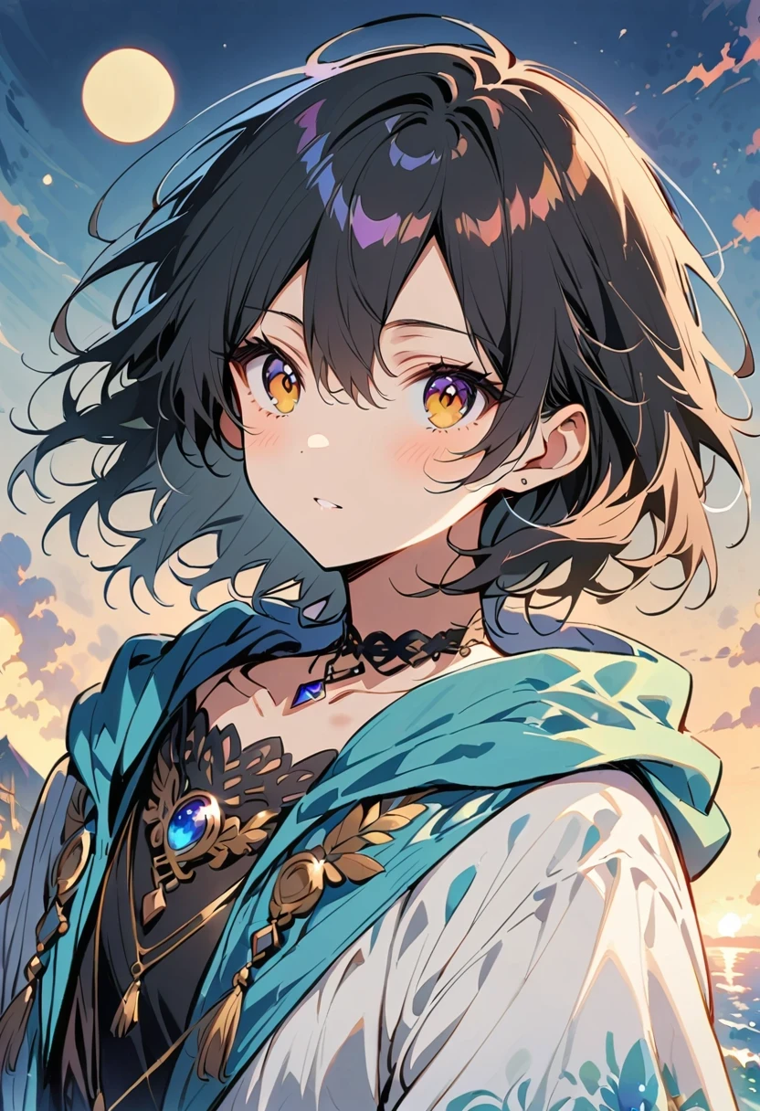 a boy named thomas. He has hair as black as night，Curious eyes twinkle like distant stars. But what really caught everyone&#39;s attention was the jewelry he wore around his neck.: A small silver moon. This mysterious moon is made of bright and delicate materials, Seems to emit a soft silvery glow.  