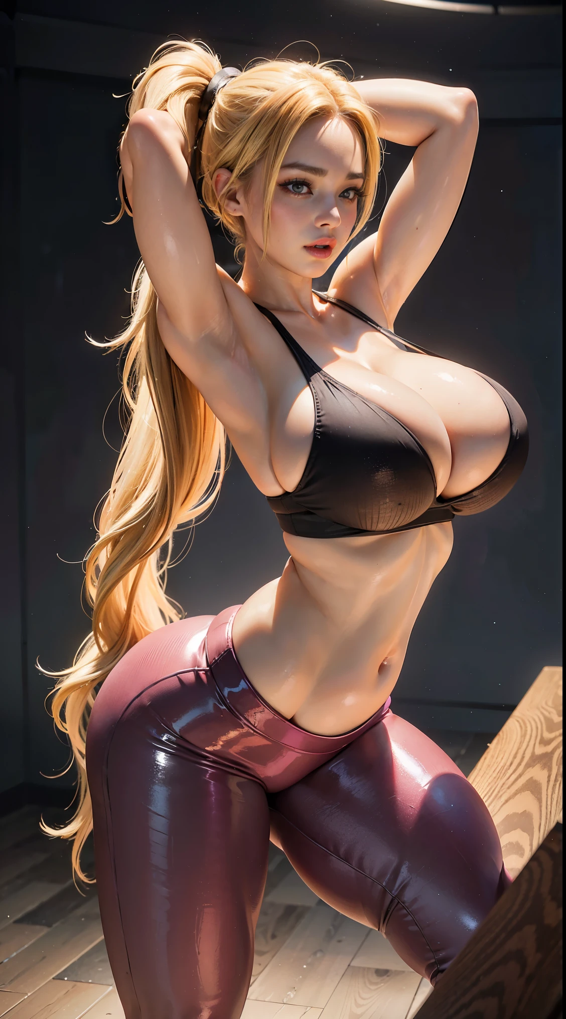 PERFECT MASTERPIECE, EXTREMELY DETAILED CG UNITY 32K UHD QUALITY RESOLUTION WALLPAPER, PHOTOREALISTIC, RAW PHOTO, PERFECT PHOTOGENIC CLARITY, OFFICIAL ART, AWARD-WINNING PORTRAIT, ULTRA HYPER-REALISTIC, ULTRA HYPER-DETAILED, SHINY REALISTIC SKIN, RAY TRACING, UNREAL ENGINE 5.8K, GLOWING AMBIENT LIGHT, The most beautiful and sexy fitness girl, very long neon blonde hair in a ponytail, vibrant moonlight eyes, long detailed eyelashes, blushing, full pouting pink lips, curvy body type, full hips, accentuated super huge enormously gigantic tits, cleavage showing(athletic sports bra and leggings, arching her back in a sexy seductive slutty pose:1.3), looking at the viewer, close up pov camera view, sexy seductive slutty facial expression, athletic fitness gym background 