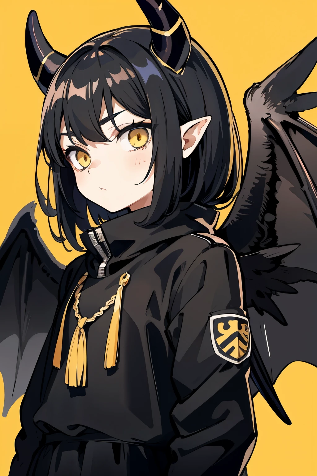 black clothes, black hair, yellow eyes, chibi, horns, wings