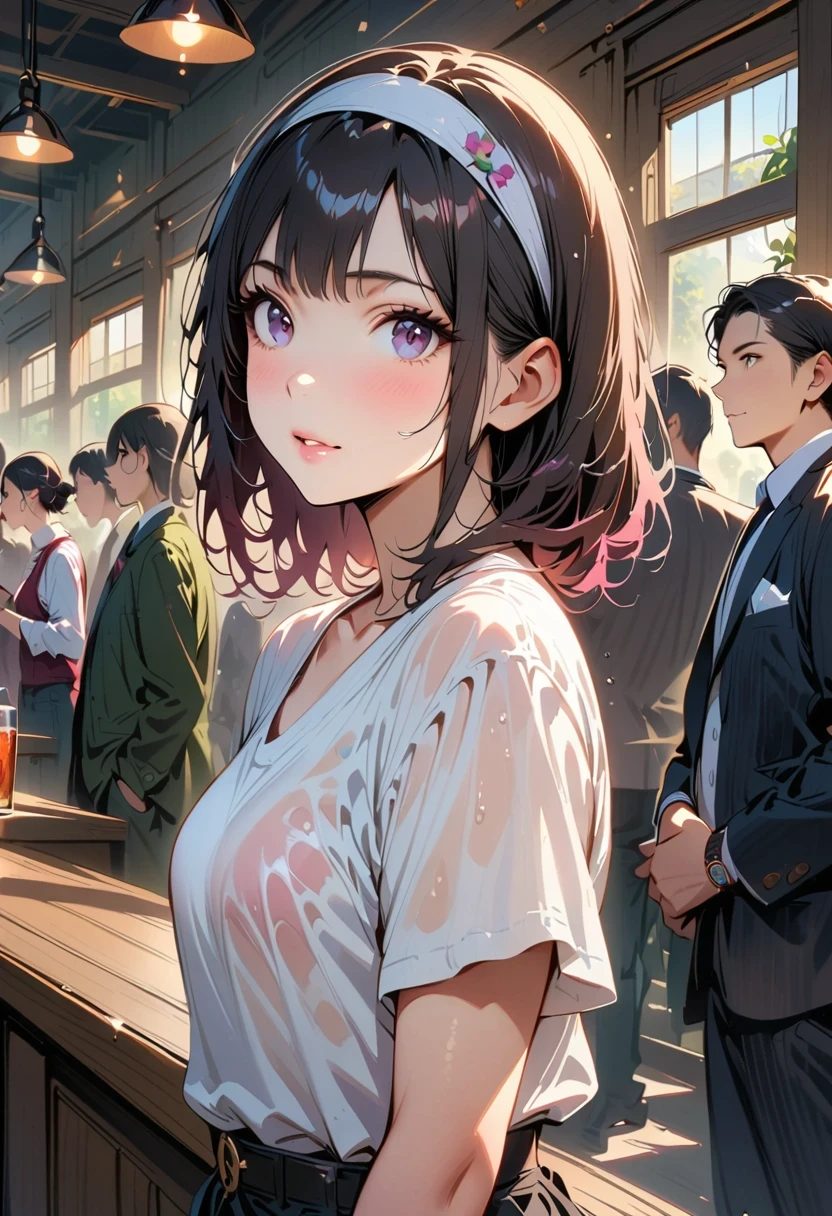 anime girl wearing pink wet clothes, Realistic shadows, Delicate skin, are small, black hair, Headbands, Very detailed, 8K high-detail face, perfect face shape, perfect lips, perfect nose, Correct beautiful eyes, watch audience, masterpiece, best quality, single girl, Not wearing, No, alone