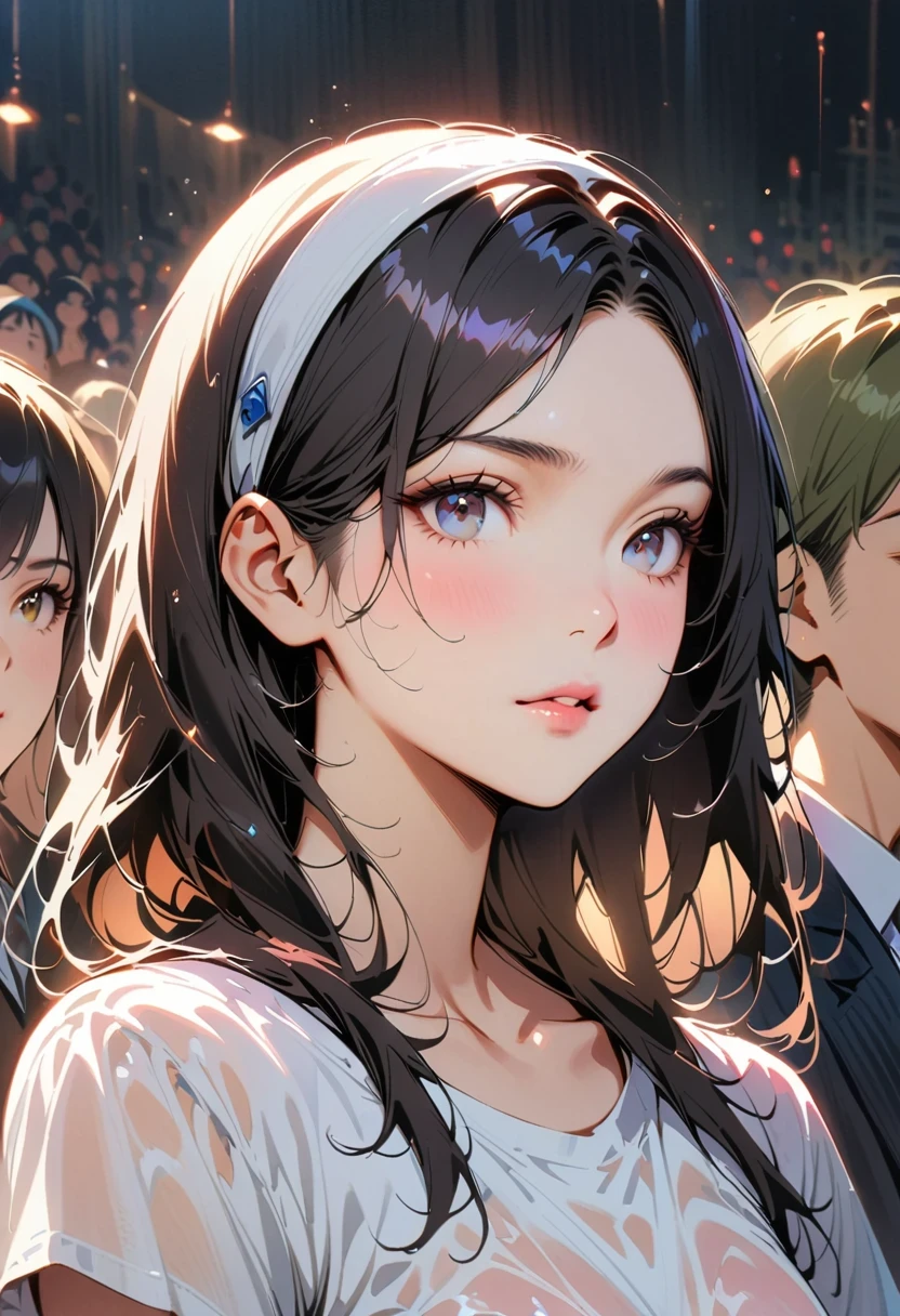 Loli anime girl wearing pink wet clothes, Realistic shadows, Delicate skin, are small, black hair, Headbands, Very detailed, 8K high-detail face, perfect face shape, perfect lips, perfect nose, Correct beautiful eyes, watch audience, masterpiece, best quality, single girl, Not wearing, No, alone
