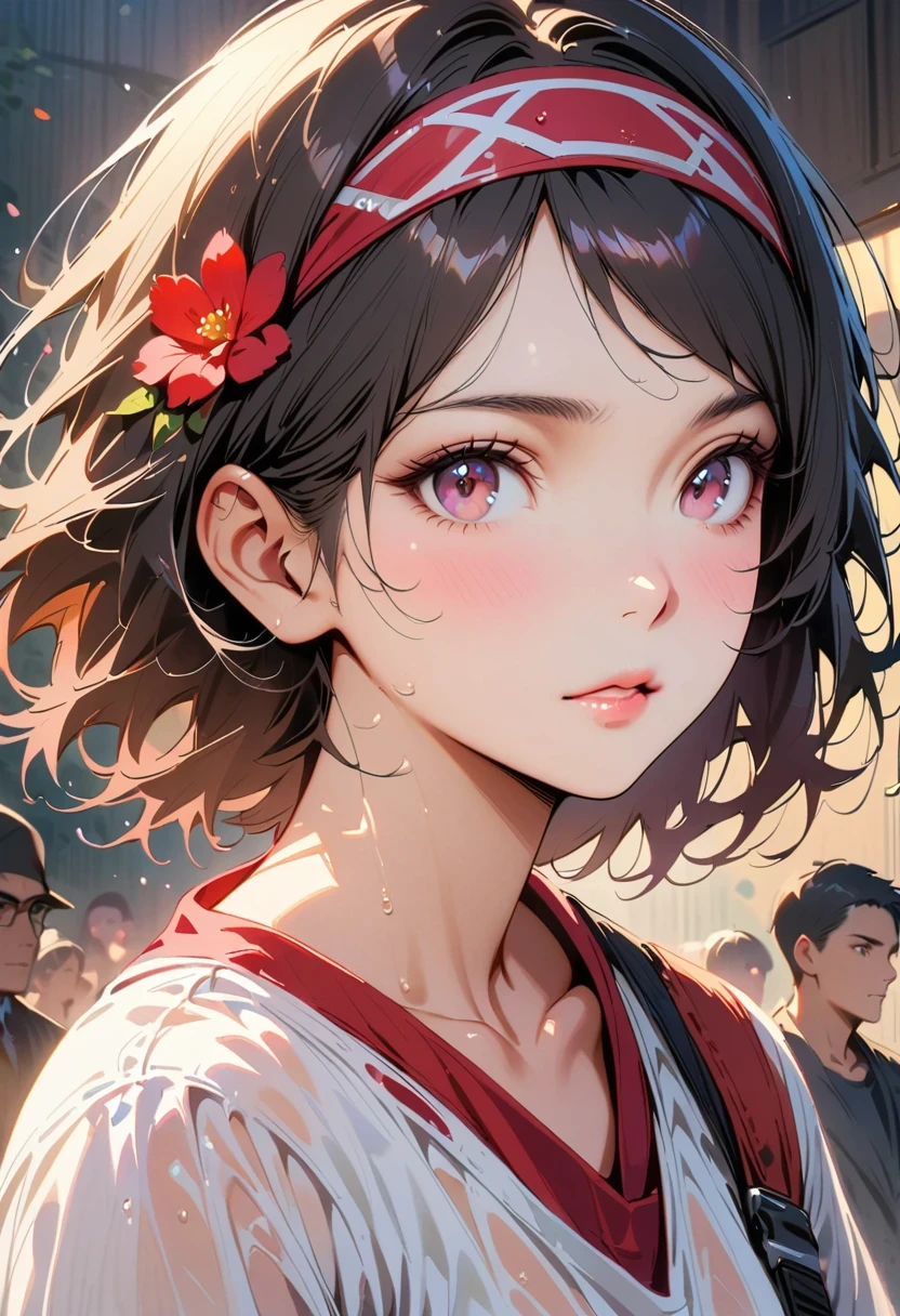 anime girl wearing pink wet clothes, Realistic shadows, Delicate skin, are small, black hair, Headbands, Very detailed, 8K high-detail face, perfect face shape, perfect lips, perfect nose, Correct beautiful eyes, watch audience, masterpiece, best quality, single girl, Not wearing, No, alone