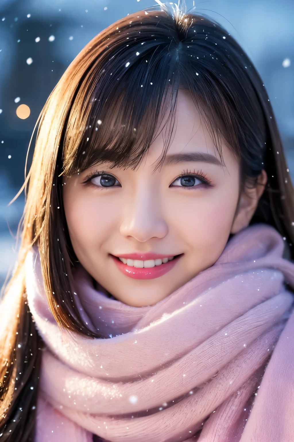 (highest quality、masterpiece、8K、best image quality、hyper realism、Award-winning work)、1 girl、(An elegant heavy winter coat:1.1)、(perfect pink scarf:1.1)、Soft and delicate light、dramatic lighting、Romantic snowy night city、Romantic Christmas illuminations、Beautiful night view of the snowy city、the biggest smile looking at me、fine sparkling snow、Beautiful snow reflecting light、Diamond dust、(Tyndall effect:1.1)、beautiful snow scene、(It&#39;s snowing:1.1)、(snow in hair:1.1)、accurate anatomy、(close up of face:1.1)、A beautiful lipstick with a glossy, natural color、natural makeup、glossy lips、Ultra high definition glossy skin、Ultra-HD radiant, beautiful skin、Milky white moisturized skin、beautiful skin glow、超高精細のglossy lips、Super high-definition sparkling eyes、Super high definition beautiful perfect teeth、Show your beautiful teeth and smile big