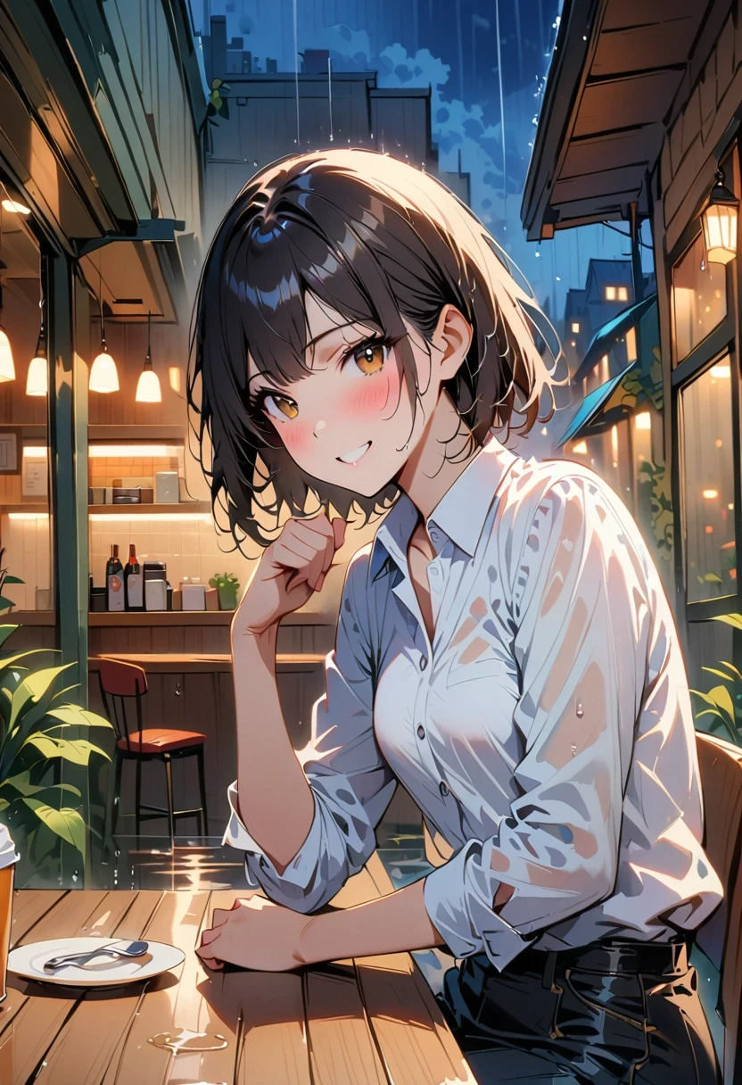 (8K, top quality, masterpiece: 1.2), (actual, photoactual: 1.37), super detailed, 1 girl, 17 years old, alone, small breasts, beautiful detailed sky, Detail of cafe, night, (blush), (Smile: 1.15), (Keep your mouth shut), small, (collared shirt: 1.1), night, wet, office clothes, rain, white lace, (short hair: 1.2), Flowing HairNovaFrogStyle, casual sexy pose,