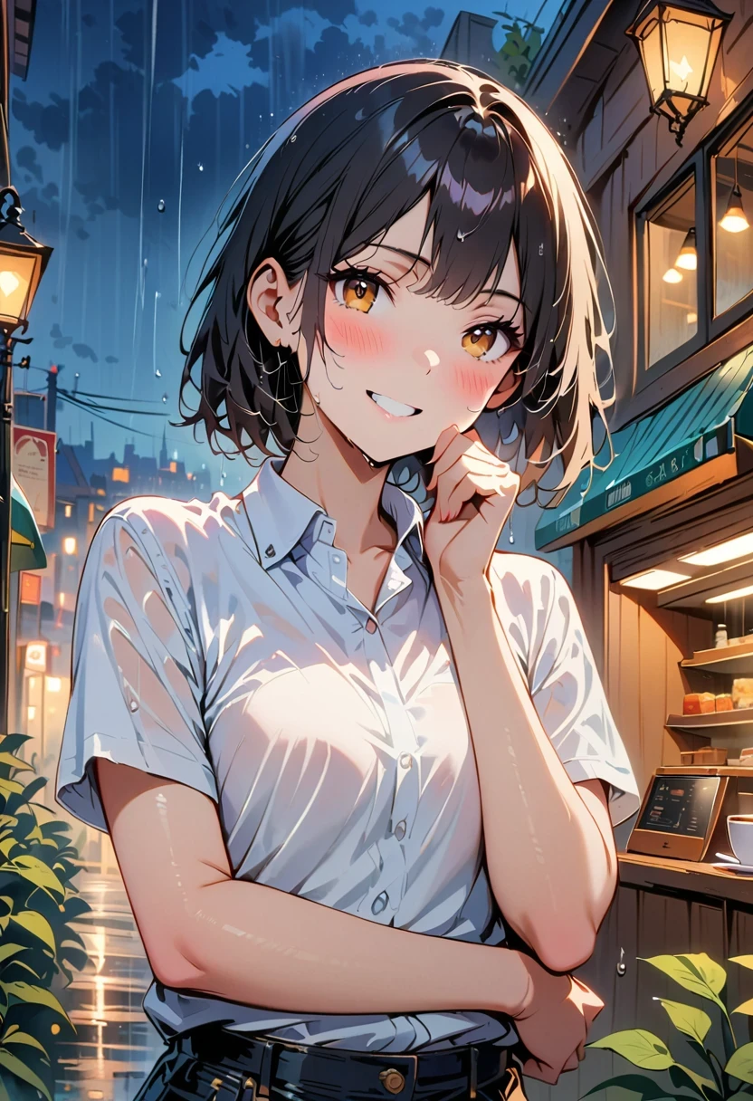 (8K, top quality, masterpiece: 1.2), (actual, photoactual: 1.37), super detailed, 1 girl, 17 years old, alone, small breasts, beautiful detailed sky, Detail of cafe, night, (blush), (Smile: 1.15), (Keep your mouth shut), small, (collared shirt: 1.1), night, wet, office clothes, rain, white lace, (short hair: 1.2), Flowing HairNovaFrogStyle, casual sexy pose,