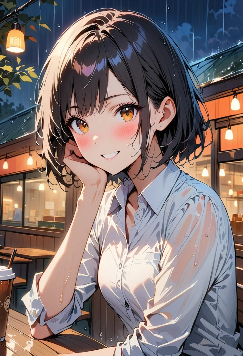 (8K, top quality, masterpiece: 1.2), (actual, photoactual: 1.37), super detailed, 1 girl, ************, alone, small breasts, beautiful detailed sky, Detail of cafe, night, (blush), (Smile: 1.15), (Keep your mouth shut), small, (collared shirt: 1.1), night, wet, office clothes, rain, white lace, (short hair: 1.2), Flowing HairNovaFrogStyle, casual sexy pose,