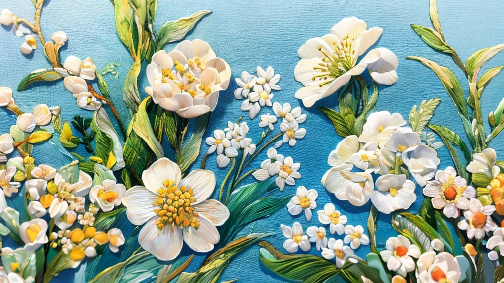 Best Style- "Best Quality, Masterpiece, Ultra High Resolution, Photo Realistic, Surrealism, Dreamy, Stephanonotis Blossom, Oil Painting Art, Oil Painting Embossing, Chinese Flower, Paper Creation, 3D Stereoscopic Rendering, Color Gradient from White to Light Blue, 4K Resolution, Simple Natural Composition, White Background, Fresh and Elegant Style." Nature. "