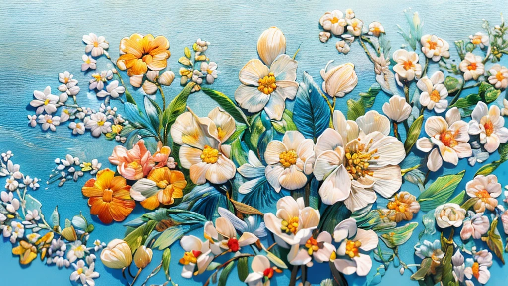 Best Style- "Best Quality, Masterpiece, Ultra High Resolution, Photo Realistic, Surrealism, Dreamy, Stephanonotis Blossom, Oil Painting Art, Oil Painting Embossing, Chinese Flower, Paper Creation, 3D Stereoscopic Rendering, Color Gradient from White to Light Blue, 4K Resolution, Simple Natural Composition, White Background, Fresh and Elegant Style." Nature. "