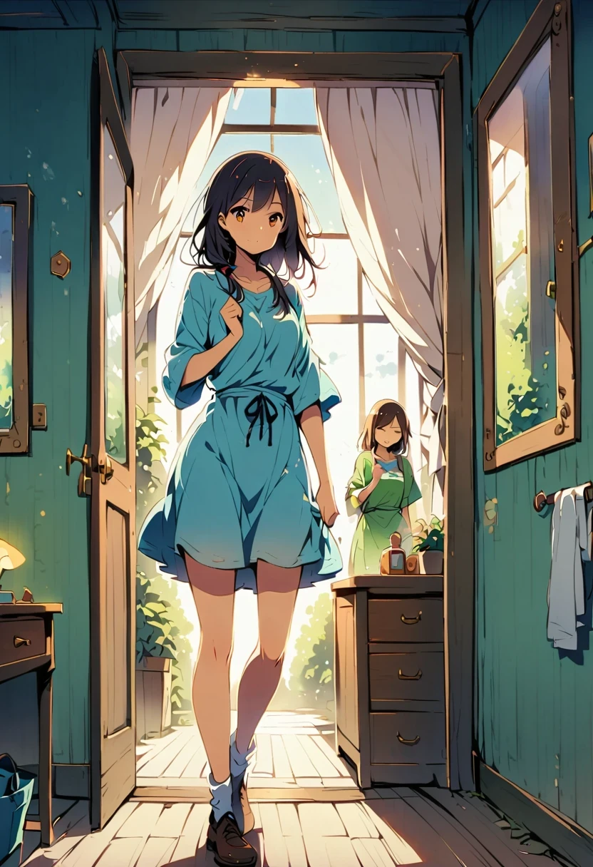 early morning,The sun shines through the gaps in the curtains,A young woman stands in front of the mirror,Get ready to start your day。She opened the drawer,Take out a delicate little box,