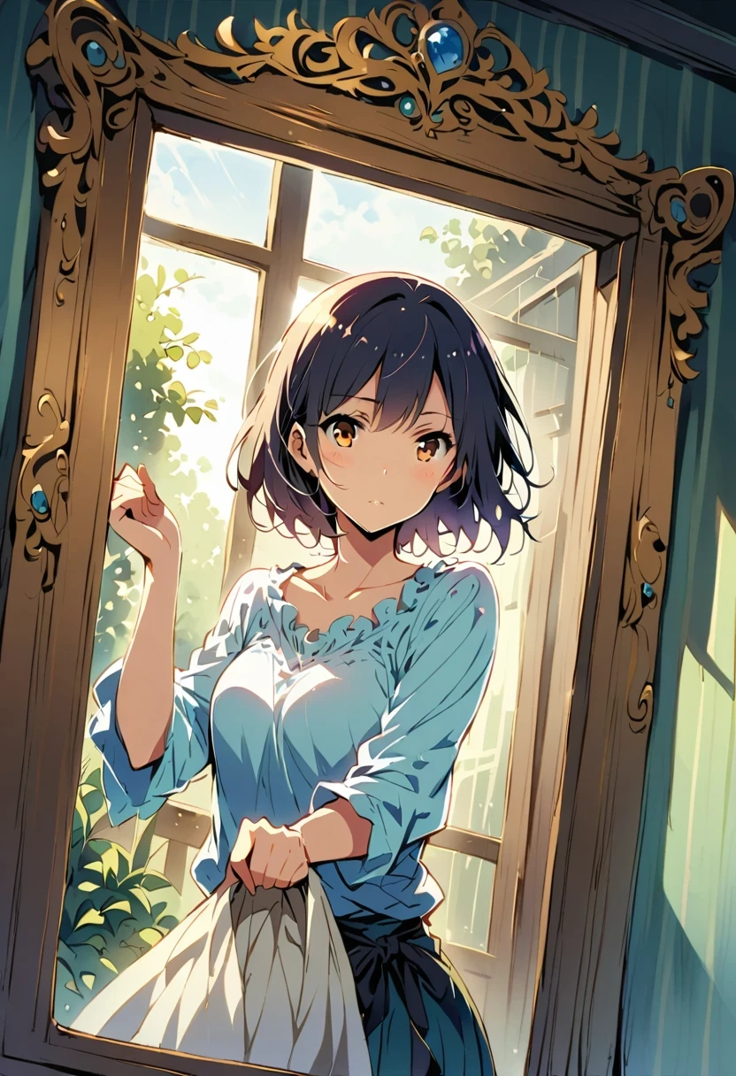 early morning,The sun shines through the gaps in the curtains,A young woman stands in front of the mirror,Get ready to start your day。She opened the drawer,Take out a delicate little box,