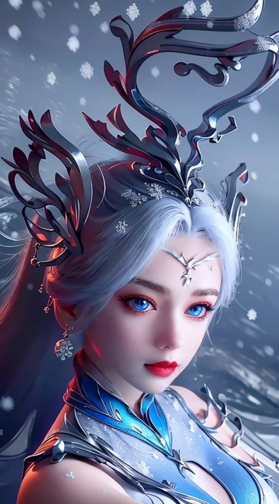 "1 beautiful girl wearing a traditional costume, a long thin light blue dress made of meticulously made silk, deep slit shirt, long hair and silver bangs with a hint of light blue, the most beautiful and detailed hair jewelry, beautiful little face thin eyebrows, the most beautiful and spotless face, ((black iris:0.8)), the very beautiful eyes, big round eyes, ((blue color eyes:1.1)), fine and detailed makeup eyelashes, high nose, wearing earrings, small red lips, rosy face, clean face, beautiful face without blemish, smooth white skin, ((big breasts: 0.9)), Blums , ((big and super round breasts:0.9)), ((super tight breasts:1.2)), ((breast augmentation: 0.8)), beautiful breasts, slim and body, ((thin waist: 0.9)), upper body of a beautiful girl, sexy girl, skirt, lace mesh socks to match the color of the outfit, fishnet stockings color coordinated according to the outfit, pose elegantly, elegantly, and politely, 8k photo, super high quality, super realistic, 10x super pixels, photo realistic, dark studio, border light, two tone light, (detailed skin high: 1.2), 8k uhd, dslr, soft light, high quality, volumetric light, candid, Photo, high resolution, light, best photo, 4k quality, 8k, Bokeh, Smooth and sharp, pixel up 10 times, lightning, super graphics, the most realistic graphics, (((Snowy background: 1.6))), 1 girl, alone, solo, ((frontal portrait:1.5)), Extremely sharp, super realistic images."