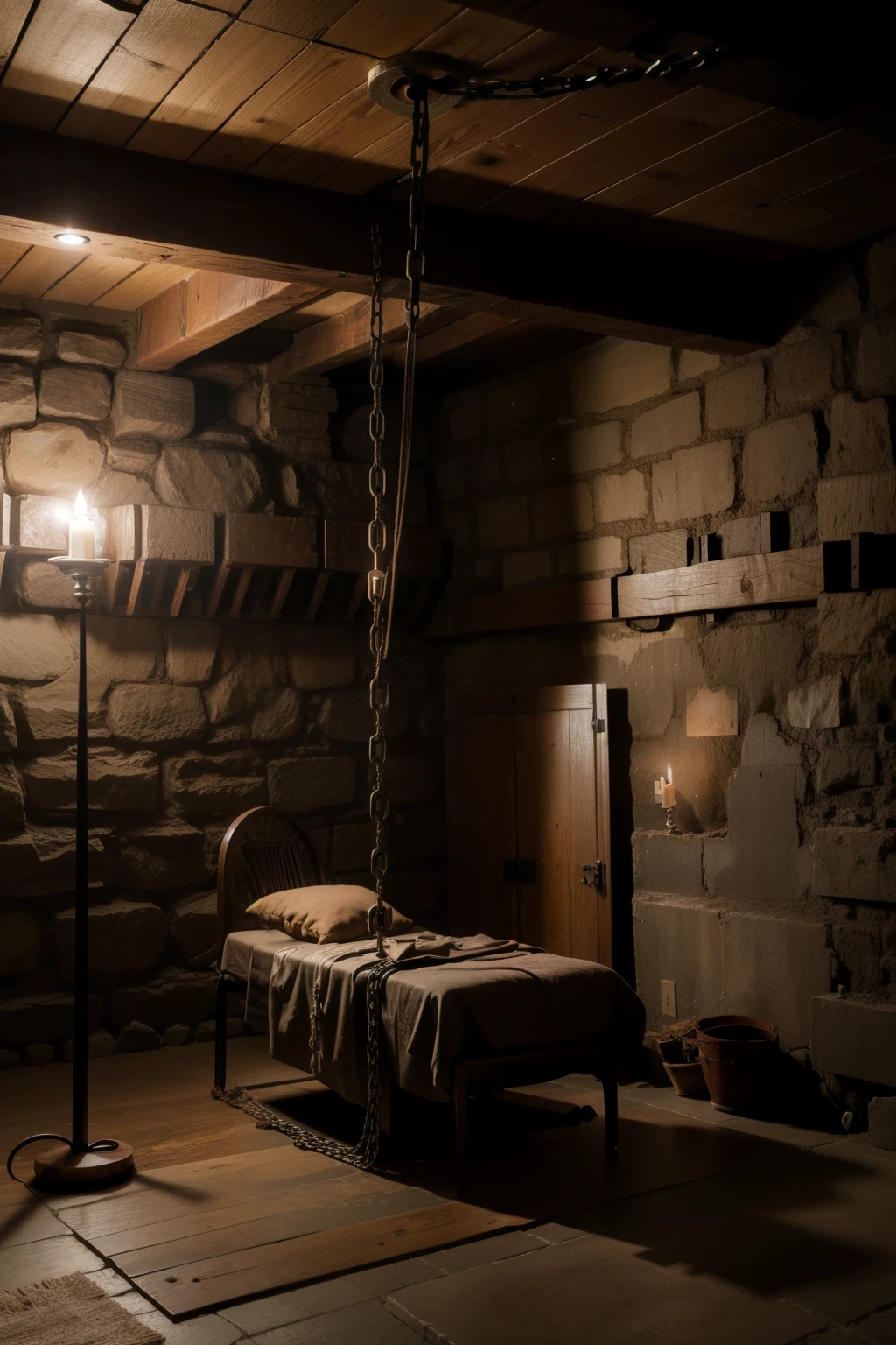 bdsm torture cellar, stone walls, chains and bondage steel rings on the wall and ceiling, wooden torture device, cellar vault in a fortress, candle holder with candles, modern lounger with leather straps for fixation, atmospheric perspective, 8k, super detail