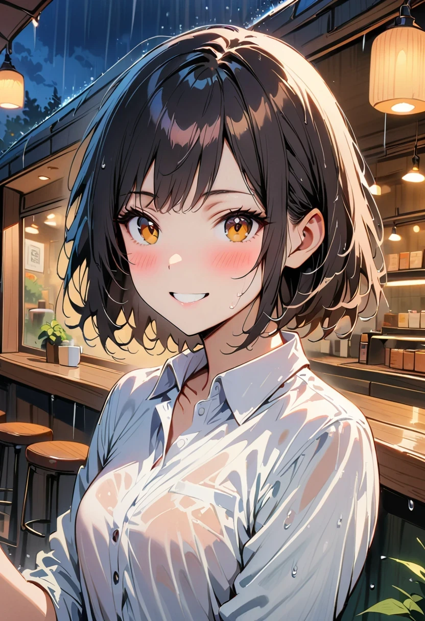 (8K, top quality, masterpiece: 1.2), (actual, photoactual: 1.37), super detailed, 1 girl, 17 years old, alone, small breasts, beautiful detailed sky, Detail of cafe, night, (blush), (Smile: 1.15), (Keep your mouth shut), small, (collared shirt: 1.1), night, wet, office clothes, rain, white lace, (short hair: 1.2), Flowing HairNovaFrogStyle, casual sexy pose,