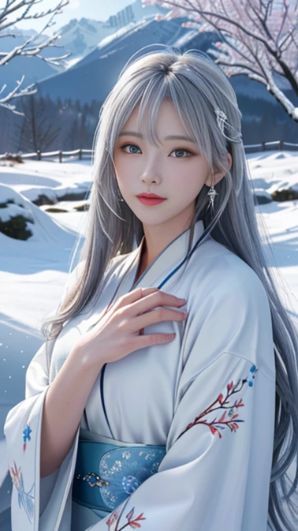 ((logo, masterpiece, 8K, table top, Raw photo, wonderful, 最high quality, Photorealistic and hvery detailed CG integrated 8K wallpaper, high quality, very detailed, Narrative poem, particle effects, dynamic effects, Depth of written boundary, cinematic light, Lens flare, ray tracing, anatomically accurate)), fantasy, 1 beautiful woman, silver hair, clear eyes, long hair, beautiful face, real face, 緻密でbeautiful eyes, beautiful skin, ((long hairがWindでなびく, long hairが跳ねる, long hairがWindで踊る)), hair jump, jewelry, beautiful eyes, white kimono, white obi, White cherry blossom embroidery pattern, silver earrings, Wind, snow mountainの中で, snow scene, snow mountain, snow makeup, 雪とFrost, snow-capped mountainや森, Frost, snow-capped mountain々, The beauty and brilliance of frost-covered trees, The tranquility and beauty of a world of ice and snow