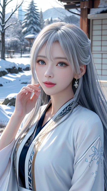 ((logo, masterpiece, 8K, table top, Raw photo, wonderful, 最high quality, Photorealistic and hvery detailed CG integrated 8K wallpaper, high quality, very detailed, Narrative poem, particle effects, dynamic effects, Depth of written boundary, cinematic light, Lens flare, ray tracing, anatomically accurate)), fantasy, 1 beautiful woman, silver hair, clear eyes, long hair, beautiful face, real face, 緻密でbeautiful eyes, beautiful skin, ((long hairがWindでなびく, long hairが跳ねる, long hairがWindで踊る)), hair jump, jewelry, beautiful eyes, white kimono, white obi, White cherry blossom embroidery pattern, silver earrings, Wind, snow mountainの中で, snow scene, snow mountain, snow makeup, 雪とFrost, snow-capped mountainや森, Frost, snow-capped mountain々, The beauty and brilliance of frost-covered trees, The tranquility and beauty of a world of ice and snow
