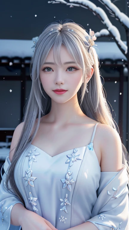 ((logo, masterpiece, 8K, table top, Raw photo, wonderful, 最high quality, Photorealistic and hvery detailed CG integrated 8K wallpaper, high quality, very detailed, Narrative poem, particle effects, dynamic effects, Depth of written boundary, cinematic light, Lens flare, ray tracing, anatomically accurate)), fantasy, 1 beautiful woman, silver hair, clear eyes, long hair, beautiful face, real face, 緻密でbeautiful eyes, beautiful skin, ((long hairがWindでなびく, long hairが跳ねる, long hairがWindで踊る)), hair jump, jewelry, beautiful eyes, white kimono, white obi, White cherry blossom embroidery pattern, silver earrings, Wind, snow mountainの中で, snow scene, snow mountain, snow makeup, 雪とFrost, snow-capped mountainや森, Frost, snow-capped mountain々, The beauty and brilliance of frost-covered trees, The tranquility and beauty of a world of ice and snow