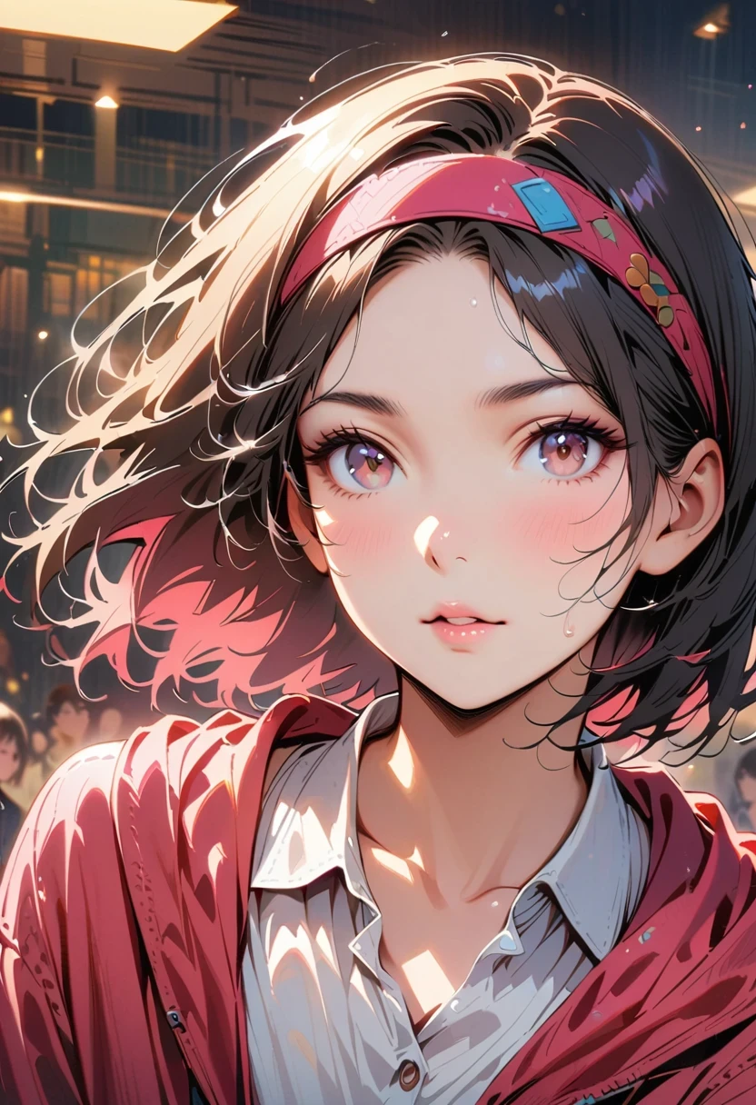 anime girl wearing pink wet clothes, Realistic shadows, Delicate skin, are small, black hair, Headbands, Very detailed, 8K high-detail face, perfect face shape, perfect lips, perfect nose, Correct beautiful eyes, watch audience, masterpiece, best quality, single girl, Not wearing, No, alone