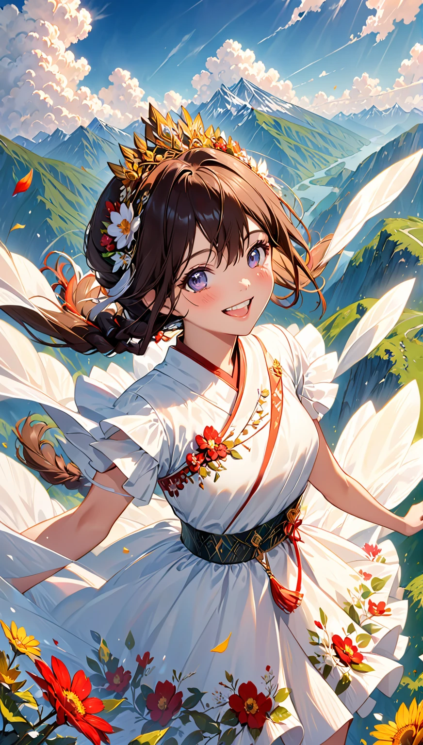 Una chica, ojos perfectos, Postura elegante, feliz, long, brown hair, ojos amarillos, tiara negra, naturaleza, mountain, animales, nubes, epic, tiro cercano, mirando al espectador, Labios partidos, dientes, feliz face, sonriente, pecho mediano, vestido blanco, hombros descubiertos