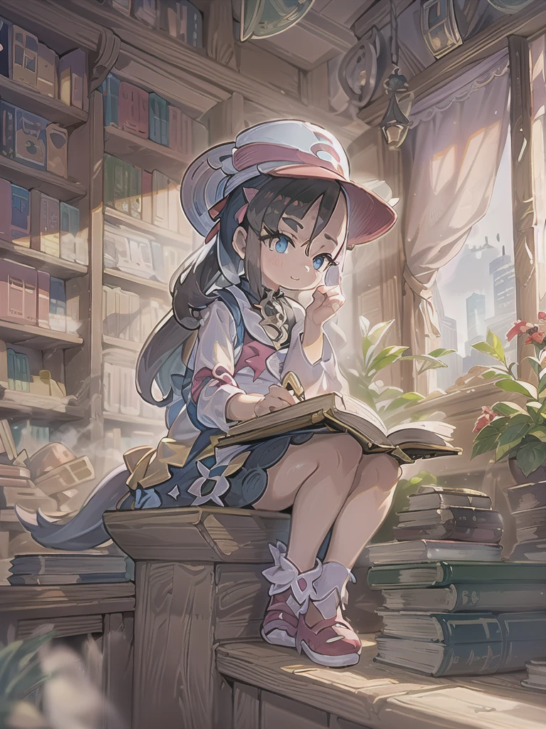 A **************** sitting on a window sill and reading a book、view audience,cowboy shot:1.2,((pokemon'smarnie:1.2)),(super detailed illustrations:1.2),(masterpiece, 8K), (最high quality, high quality:1.4), perfect anatomy, very detailed, super detailed,masterpiece background,beautiful detailed background, v8K wallpaper,perfect design,award winning art,stand in front of the photo、highest quality、Only one person depicted:1.2,smile:1.2 Storybook Wide Shot:hd、near the window、Sitting in the castle、leaning against the window、dramatic reading book pose、book portrait、Dramatic Reading Magic Book Pose、Window light、reading in a library、near the window、cityscape at night、fantastic light at night