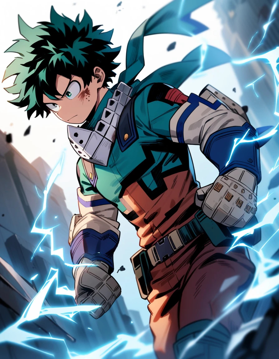 1boy, male focus, midoriya izuku, boku no hero academia, injury, electricity,, masterpiece, best quality, very aesthetic, absurdres