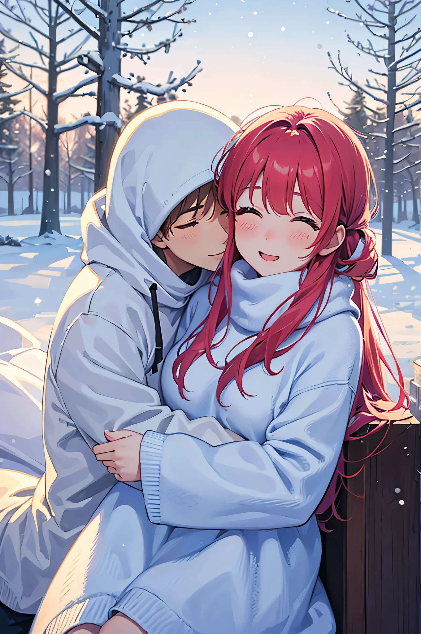 (best quality,highres),cute couple, winter background, hugging, cozy atmosphere, snowfall, warm sweaters, rosy cheeks, snow-covered trees, love, happiness, romantic, candlelight, soft glow, magic moment, frosty breath, cuddling, intimate, tender, joyful, winter love, icy landscape, snowy path