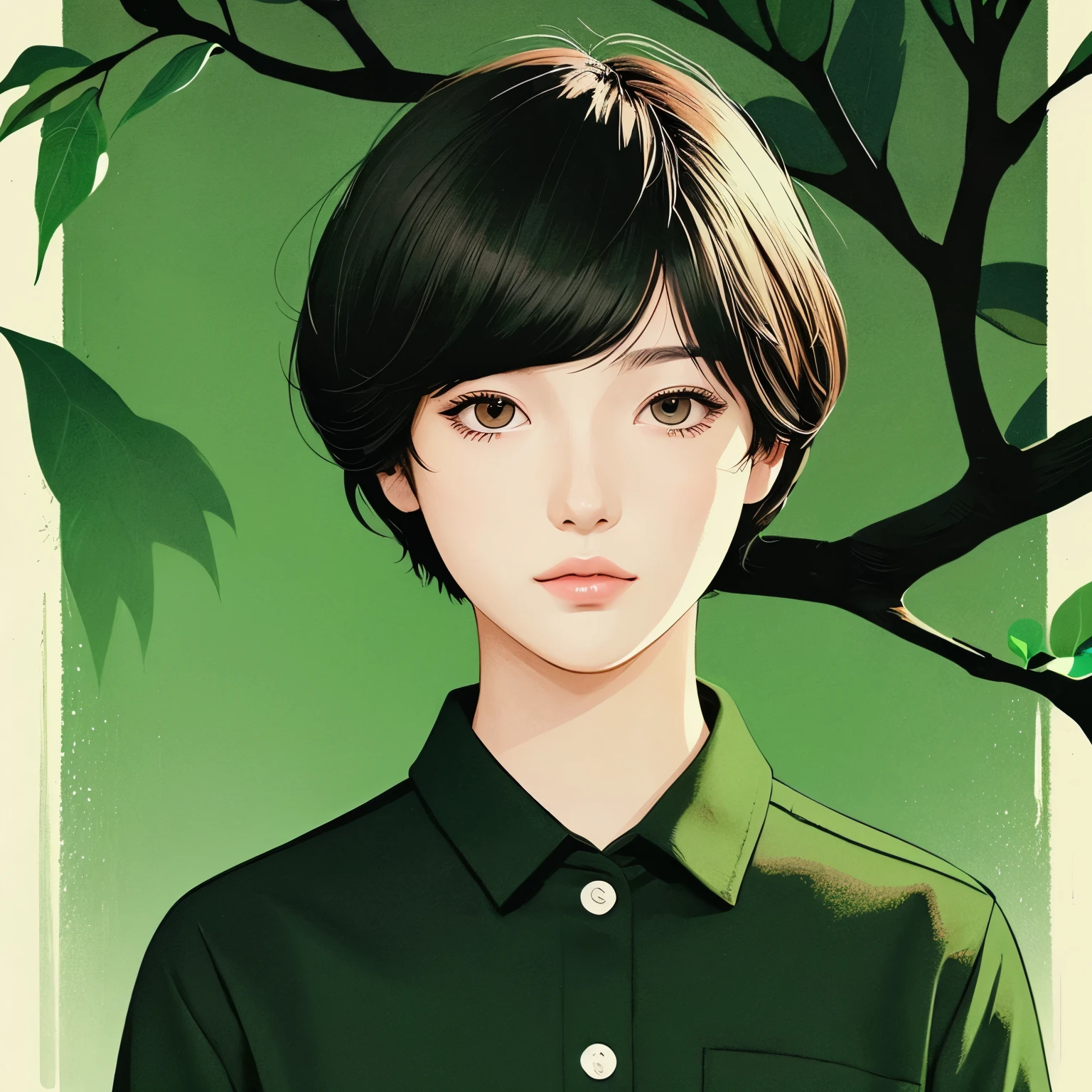 highest quality,An illustration,Beauty,handsome girl,boyish,good style,short hair,details,Tree eyes,cute,long pants,Overall black tone,Image color is green