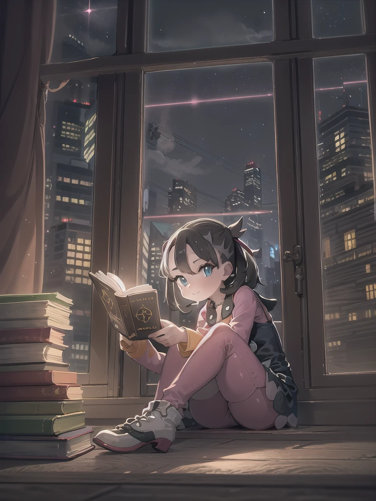 A -yeld gisitting on a window sill and reading a book、cowboy shot:1.2,((pokemon'smarnie:1.2)),(super detailed illustrations:1.2),(masterpiece, 8K), (最high quality, high quality:1.4), perfect anatomy, very detailed, super detailed,masterpiece background,beautiful detailed background, v8K wallpaper,perfect design,award winning art,stand in front of the photo、highest quality、Only one person depicted:1.2,smile:1.2 Storybook Wide Shot:hd、near the window、Sitting in the castle、leaning against the window、dramatic reading book pose、book portrait、Dramatic Reading Magic Book Pose、Window light、reading in a library、near the window、cityscape at night、fantastic light at night