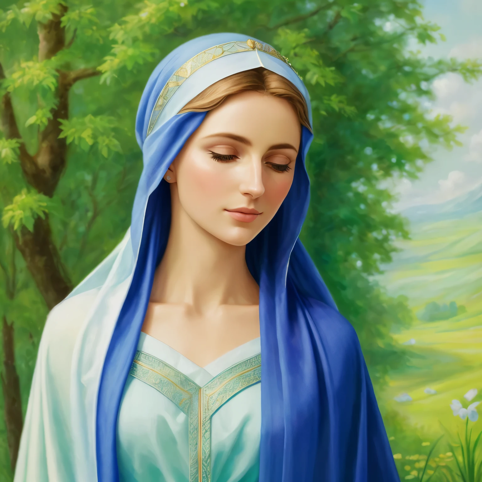A serene scene of a woman, with the Lord's figure as her shepherd, depicted in lush greenery and tranquility.
(Realistic: 1.5), original painting, divine landscape, delicate facial features, ( expressive eyes: 1.3, Sapphire), beautiful headscarf, ethereal dress, (flowing fabric: 1.2), best quality, high definition, (peaceful expression: 1.4), close-up, masterpiece.