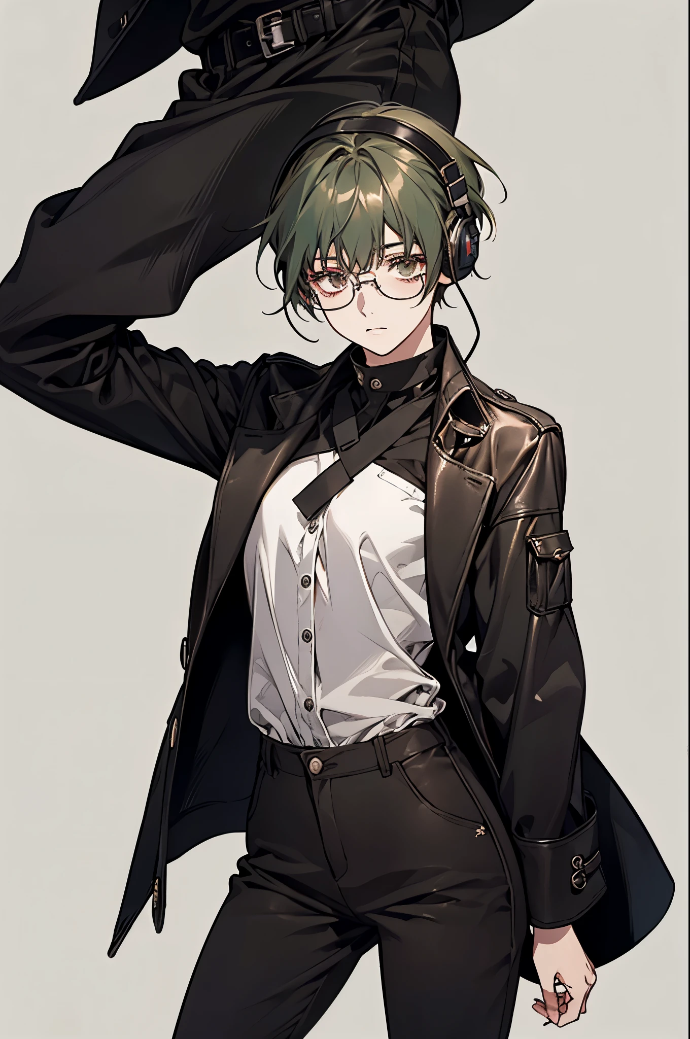stand facing forward、Standing picture、stand up straight、simple background、beautiful girl、one person、highest quality、Dark green hair color、boyish、short hair、black glasses、Stinking eyes、Three white eyes、headphones、black clothes、black long pants、leather jacket、white inner、bootasterpiece、8k、perfect anatomy