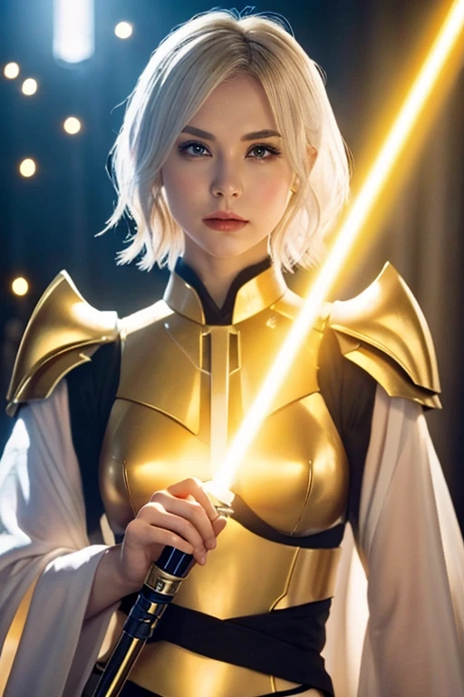 A beautiful woman with short pixie white hair and yellow eyes, holding lightsaber with golden light in jedi robes with clone armor