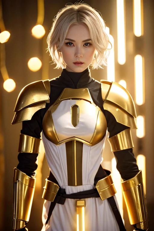 A beautiful woman with short pixie white hair and yellow eyes, holding lightsaber with golden light in jedi robes with clone armor