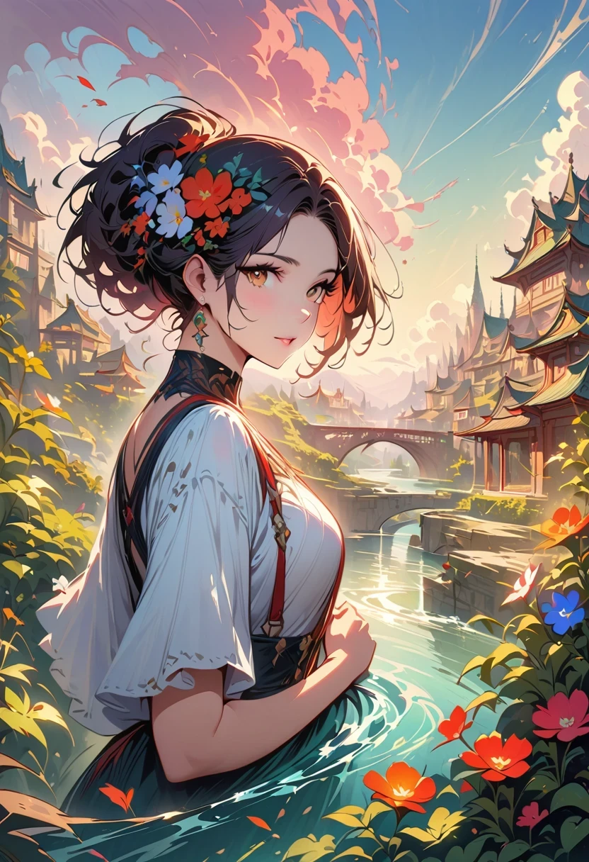 (((masterpiece))), (((best quality))), ((Super detailed)), (surreal), (Highly detailed CG illustrations), ((extremely delicate and beautiful)),film light, Create stunning anime artwork currently trending on ArtStation, Showing exquisite beauty and charming aesthetics. The art piece should be highly detailed, featuring a compelling character and a visually appealing environment. The characters in the work are elegant and charming, Exudes elegance. Pay close attention to complex facial features, Such as vibrant colors and sophisticated shading for captivating eyes. The character's clothing should be designed with delicate patterns, flowing fabric, and rich textures, Embodying the fusion of fantasy and contemporary fashion. Place characters in captivating environments,Enhance the overall appeal of your artwork. This can be a stunning natural landscape, Bustling future city landscape, Or a mysterious country full of magical elements. Incorporate bright colors, dynamic lighting, and detailed background elements,Create a sense of depth and immersion. Consider the latest trends in anime art, For example, incorporating unique lighting effects, Explore creative composition techniques, Or try an unconventional color palette. Take inspiration from the top artists on ArtStation and their exceptional execution of various art styles and theme. camera: Choose an angle that highlights the beauty of the character and the immersive environment. light: Leverage atmospheric lighting techniques to create depth and mood. solve: Aim for high-resolution artwork,to showcase intricate detail and clarity. artistic inspiration: Find inspiration from popular artists on ArtStation, Explore different styles, school, and theme.