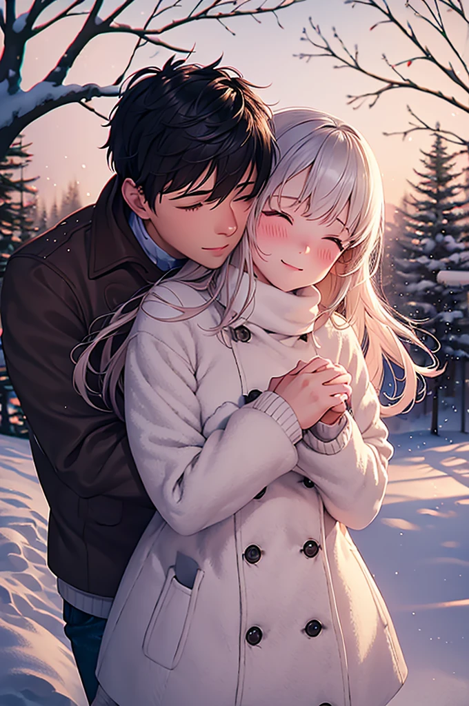 (best quality,highres),cute couple, winter background, hugging, cozy atmosphere, snowfall, warm sweaters, rosy cheeks, snow-covered trees, love, happiness, romantic, candlelight, soft glow, magic moment, frosty breath, cuddling, intimate, tender, joyful, winter love, icy landscape, snowy path